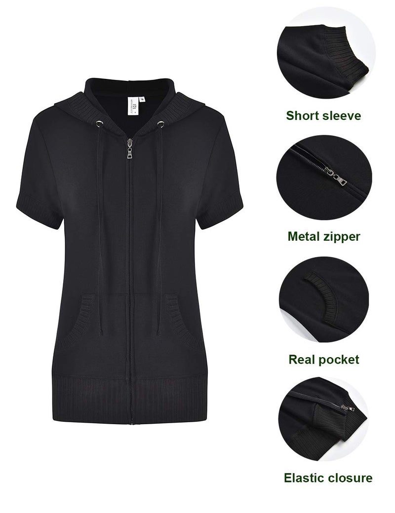 MISS MOLY Women's Short Sleeve Hoodie Full Zip Up Cotton Slim Fit Sweatshirt Kanga Pocket Black XL - Image 4